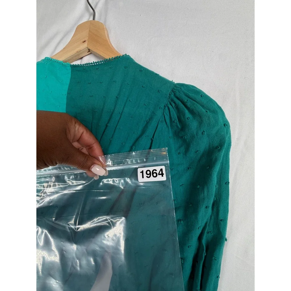 Farm Rio Anthropologie Wrap Top L Teal Green Swiss Dot Colorblock Puff Sleeve